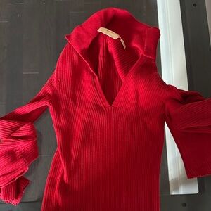 Maeve Anthro Red Ribbed V-Neck Knit Top